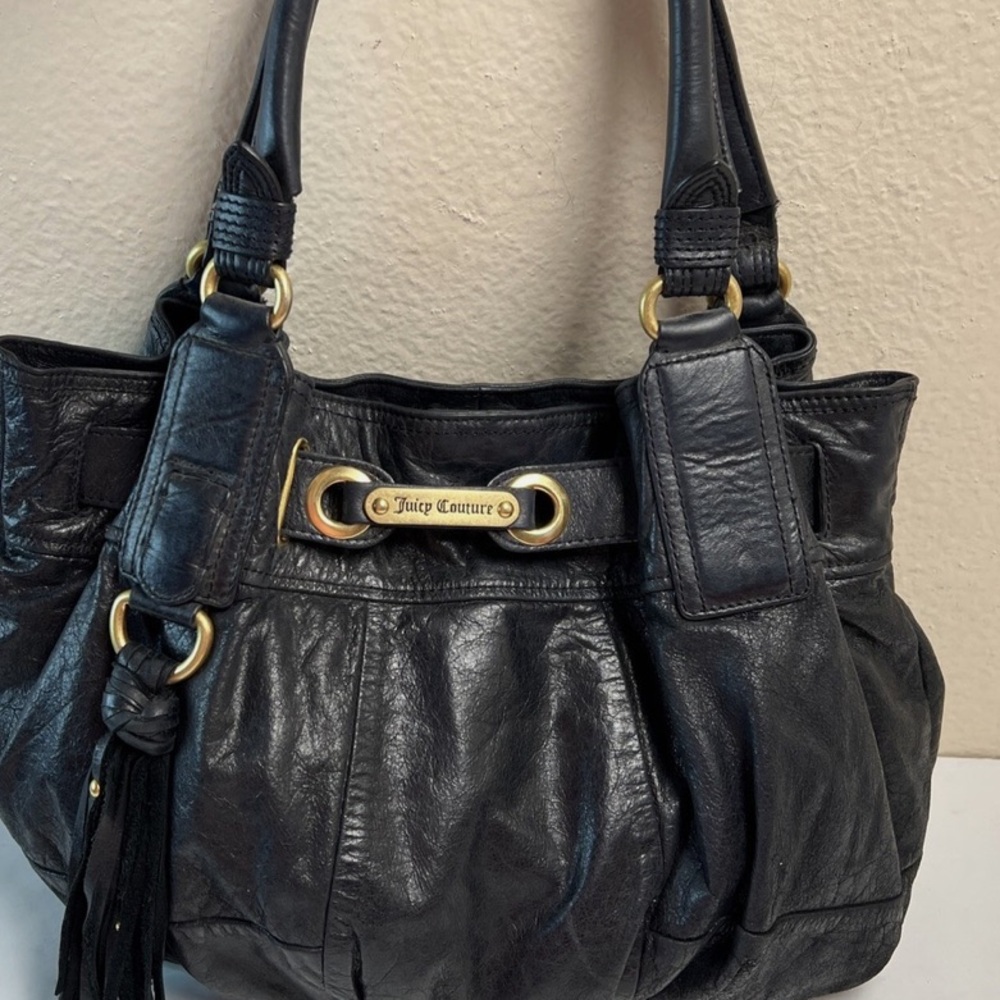 Juicy Couture Black Large Leather Shoulder Bag/Purse Fringe Tassel Hobo Boho